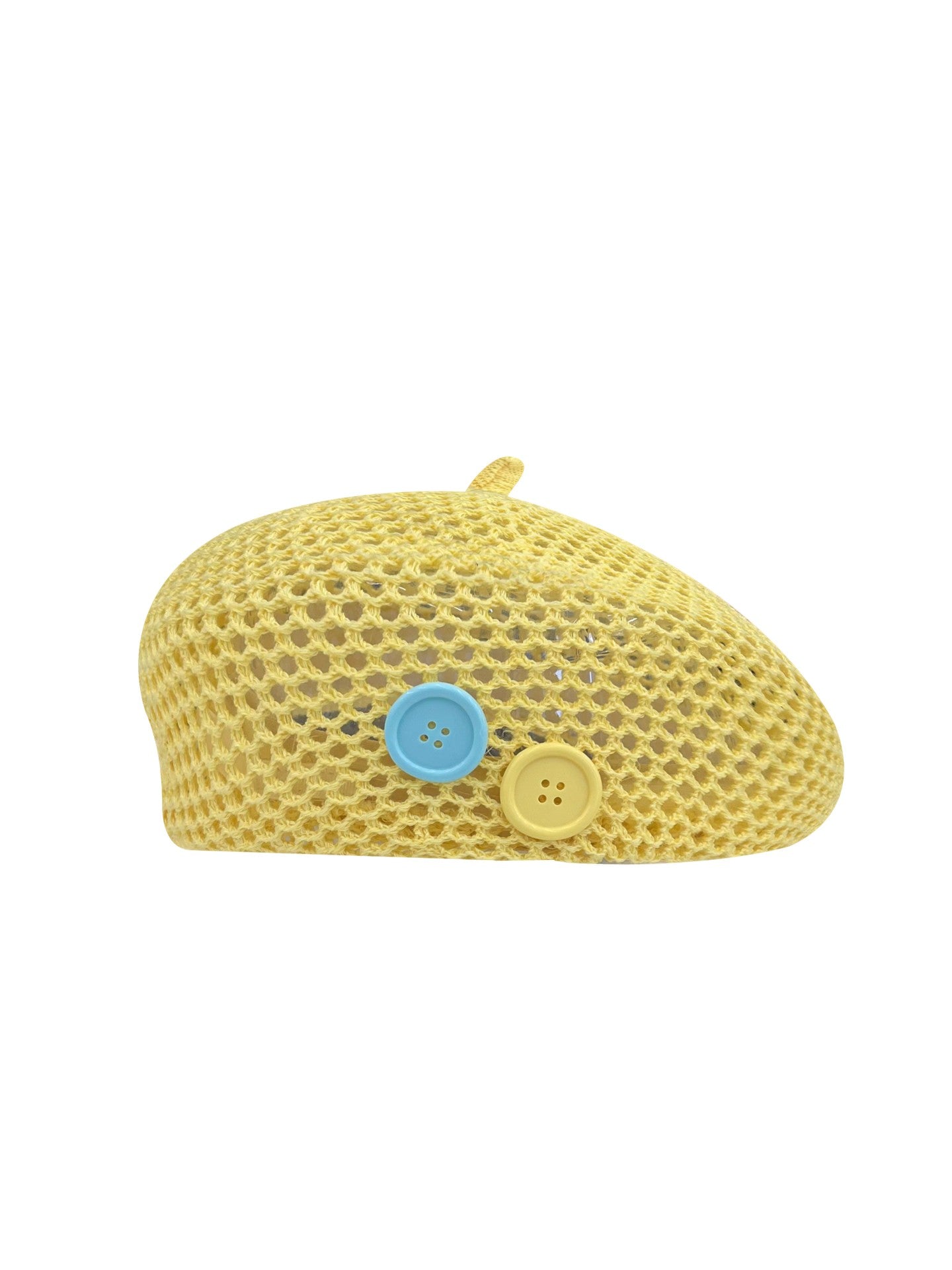 Women's Knitted Openwork Beret Hat with Decorative Buttons