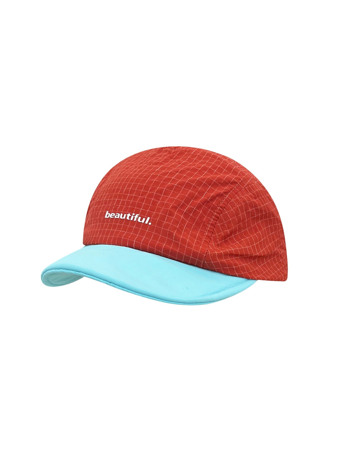 Five-Panel Flat Brim Baseball Cap with Grid Pattern and Contrast Visor Quick-Dry Sun Hat