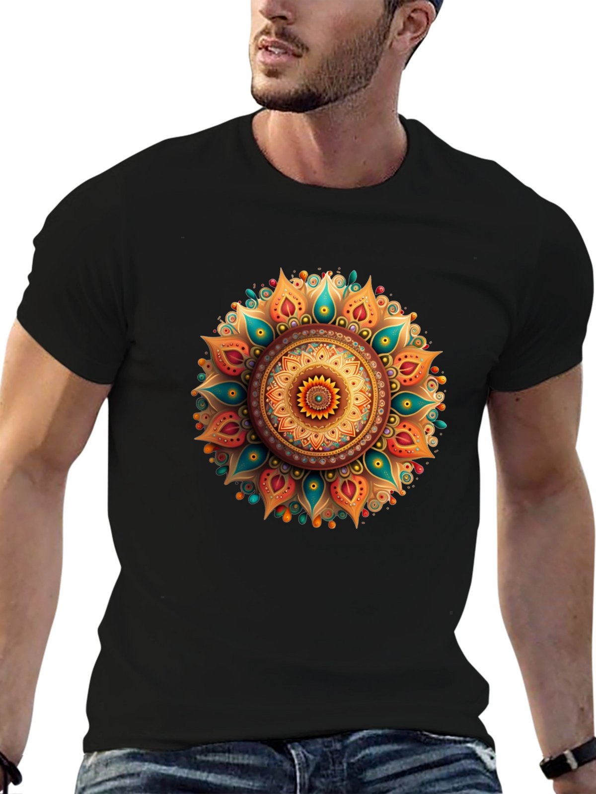 Mens Black T-Shirt with Mandala Graphic