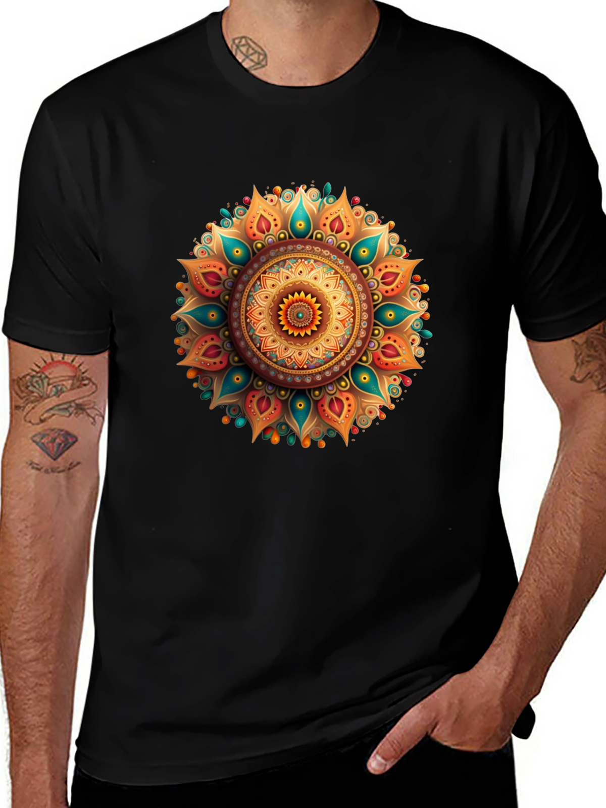 Mens Black T-Shirt with Mandala Graphic