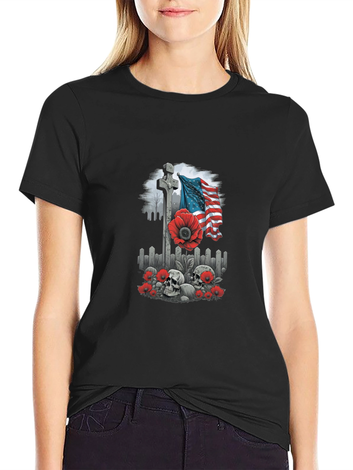 Memorial Day T-Shirt: Cross Flag Poppies & Skulls