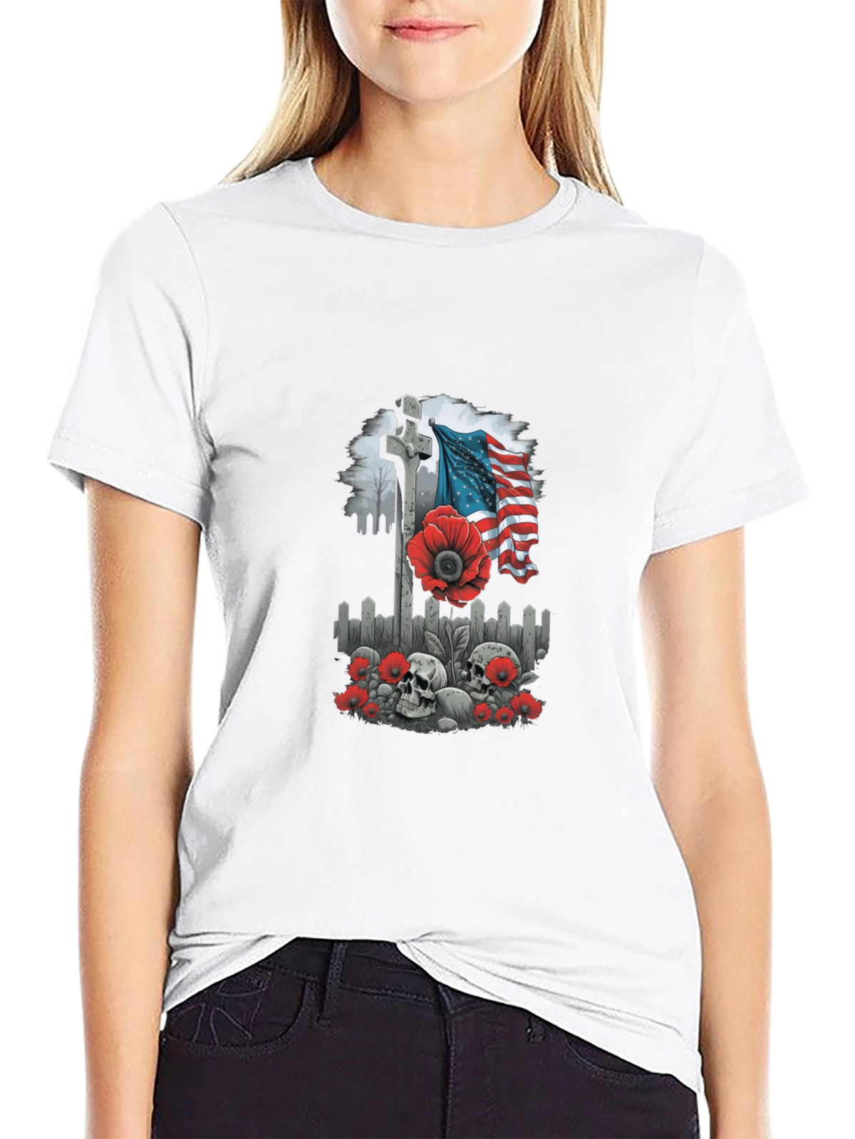 Memorial Day T-Shirt: Cross Flag Poppies & Skulls