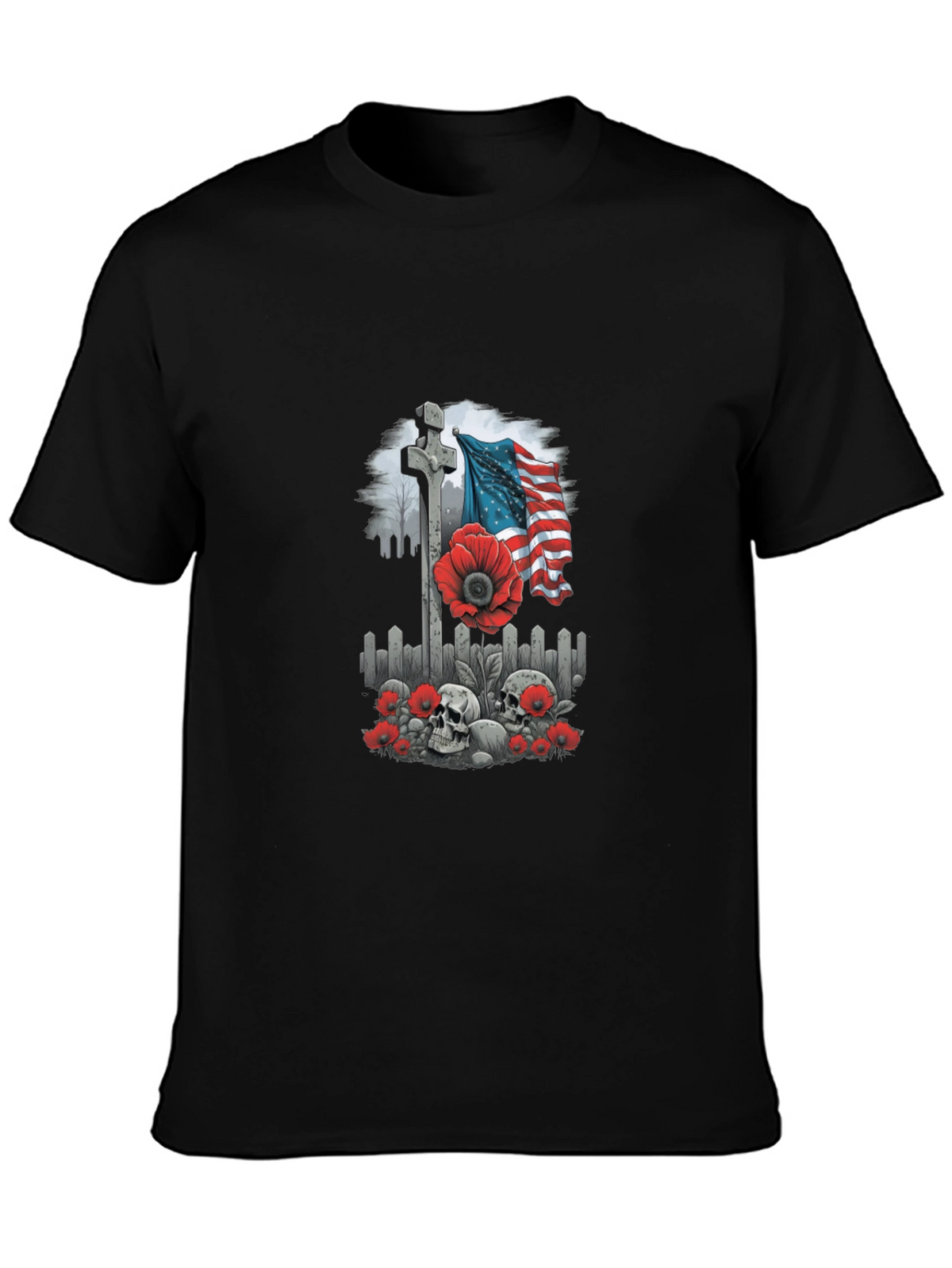 Memorial Day T-Shirt: Cross Flag Poppies & Skulls