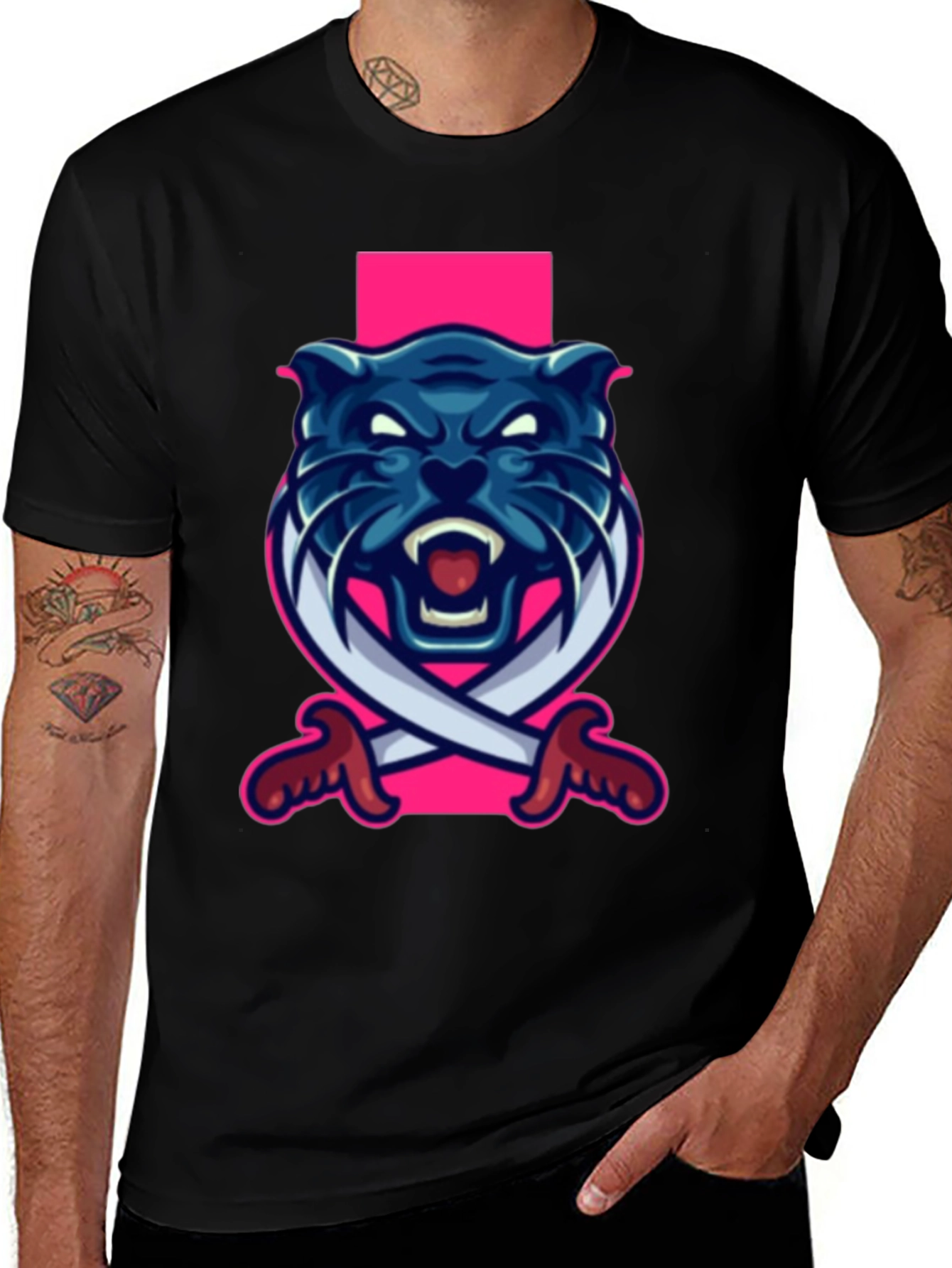 Black T-Shirt with Blue Panther Sword Graphic
