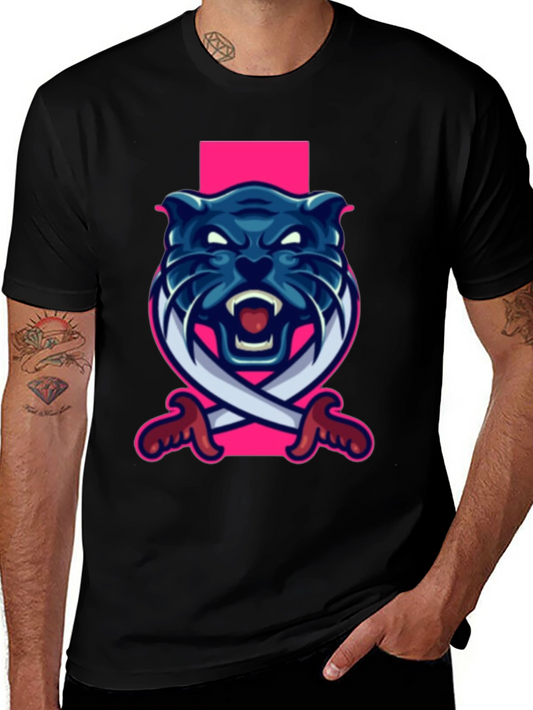 Black T-Shirt with Blue Panther Sword Graphic