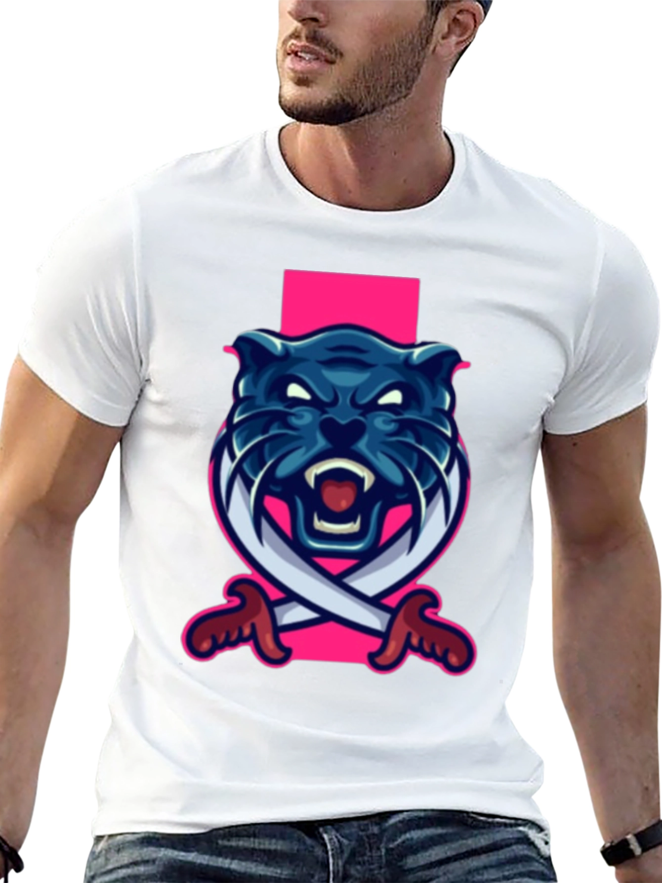 Black T-Shirt with Blue Panther Sword Graphic