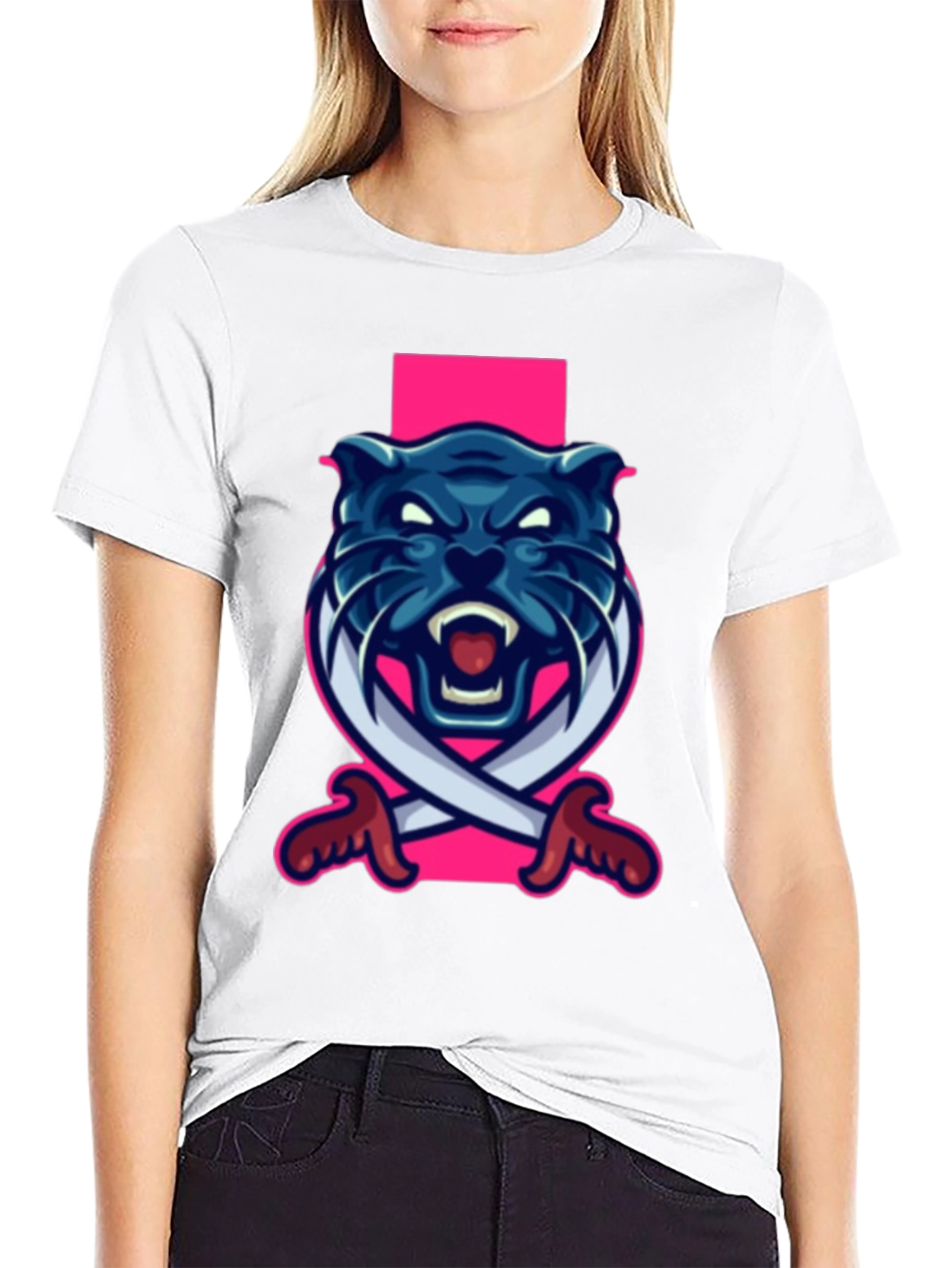 Black T-Shirt with Blue Panther Sword Graphic