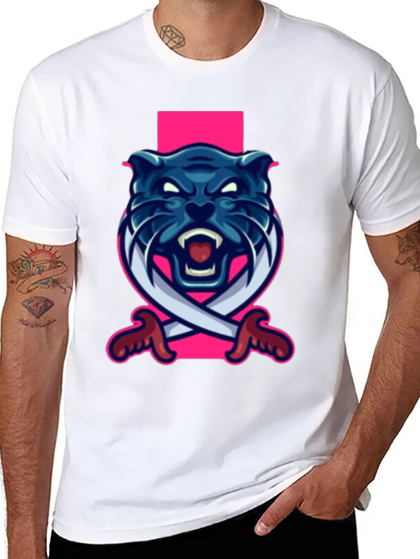 Black T-Shirt with Blue Panther Sword Graphic