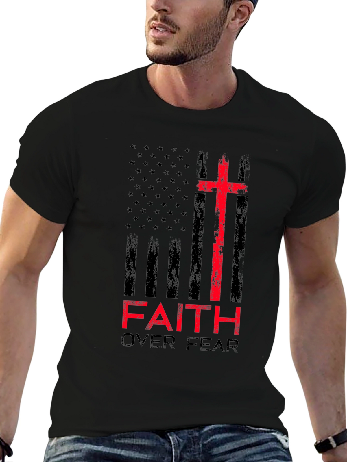 Faith Over Fear Christian T-Shirt Patriotic USA Flag
