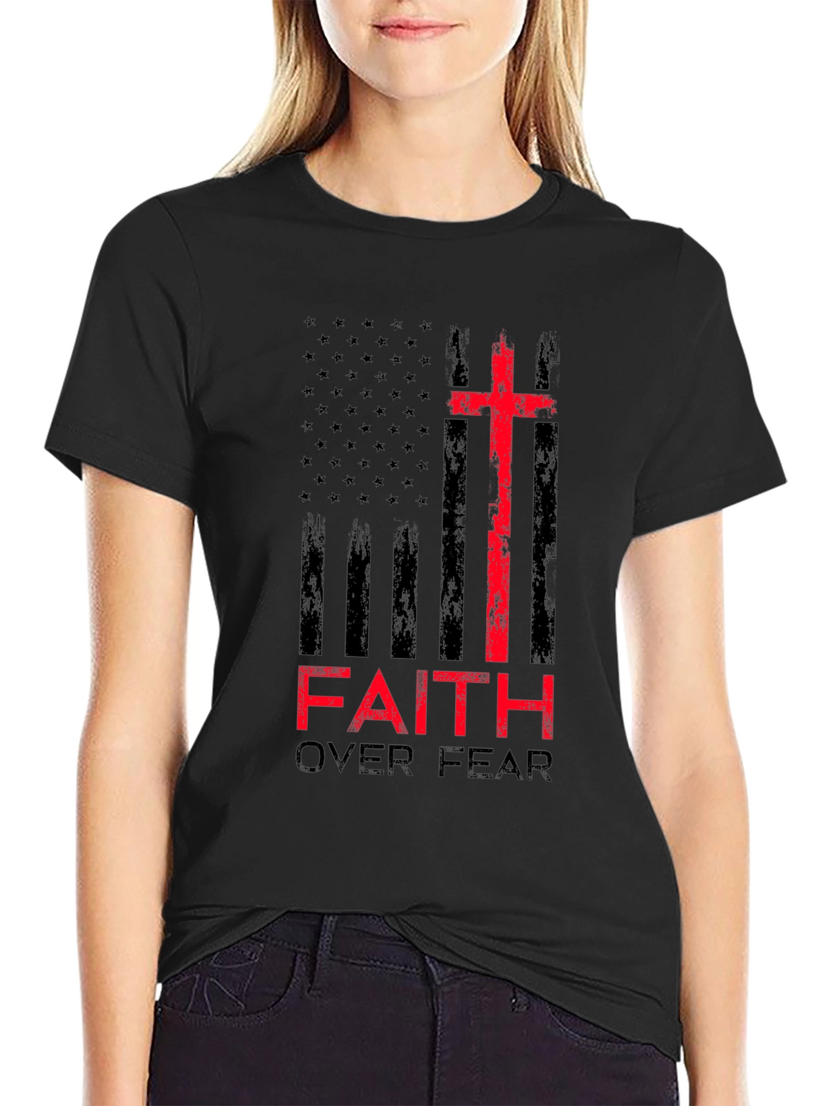 Faith Over Fear Christian T-Shirt Patriotic USA Flag