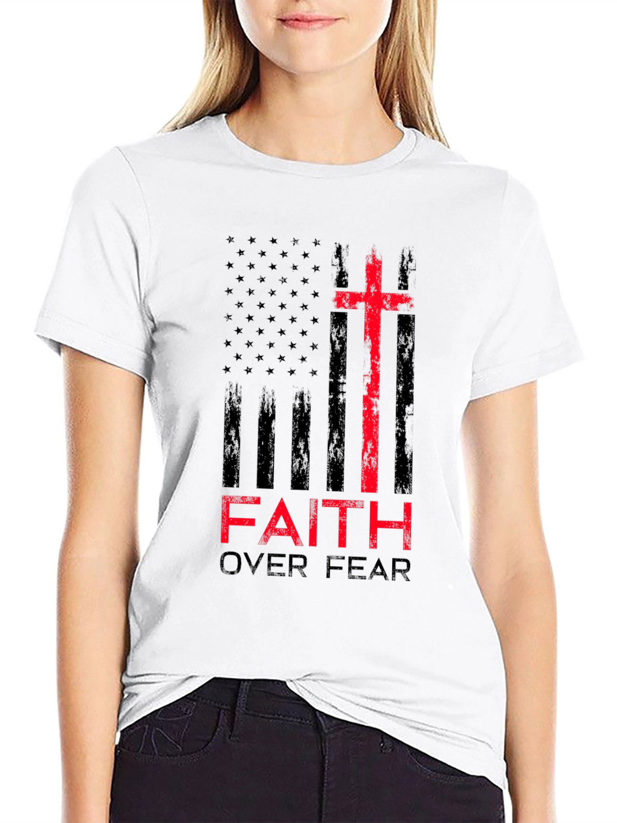 Faith Over Fear Christian T-Shirt Patriotic USA Flag