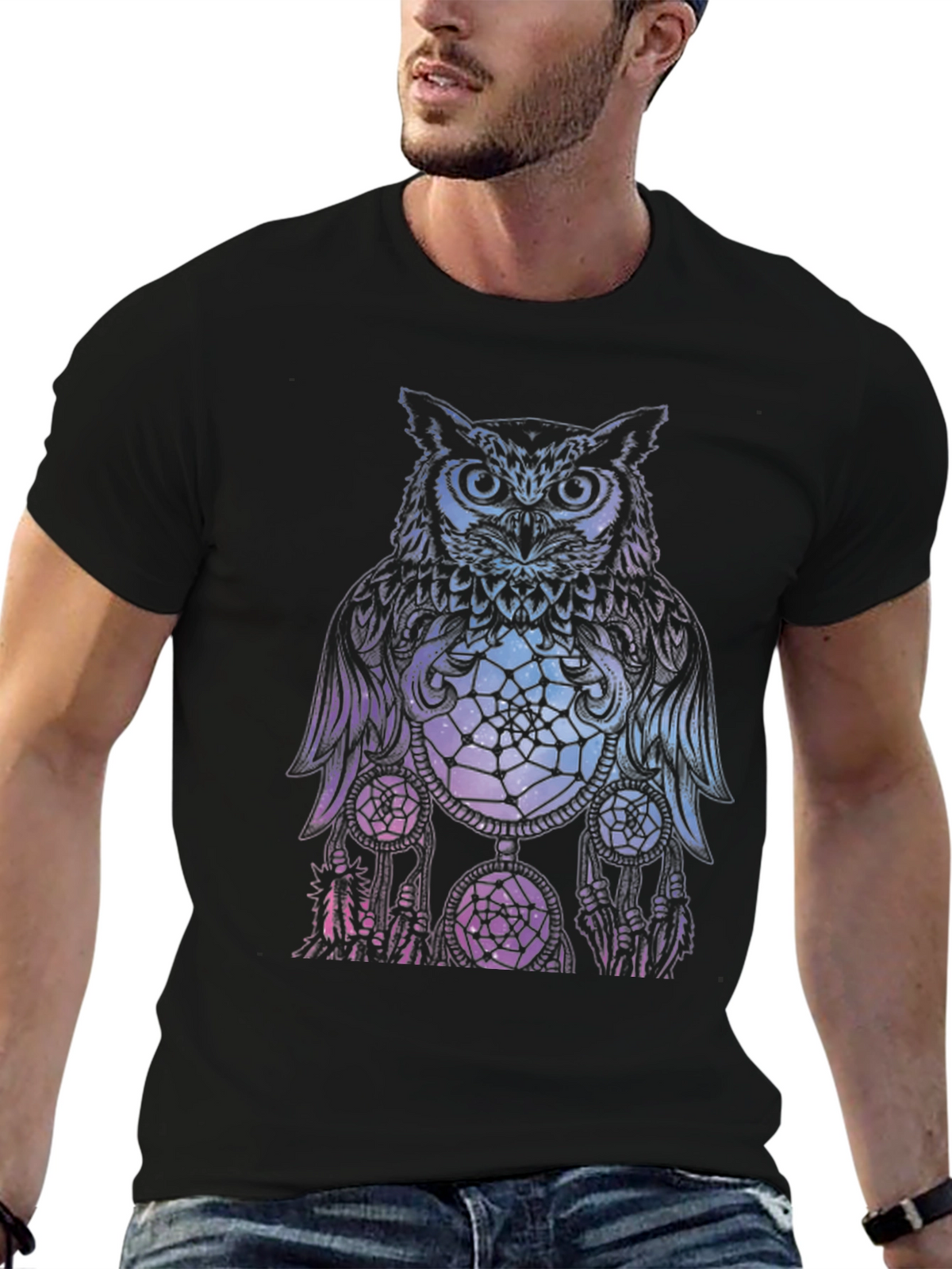Owl Dreamcatcher Graphic Tee - Black Cotton T-Shirt