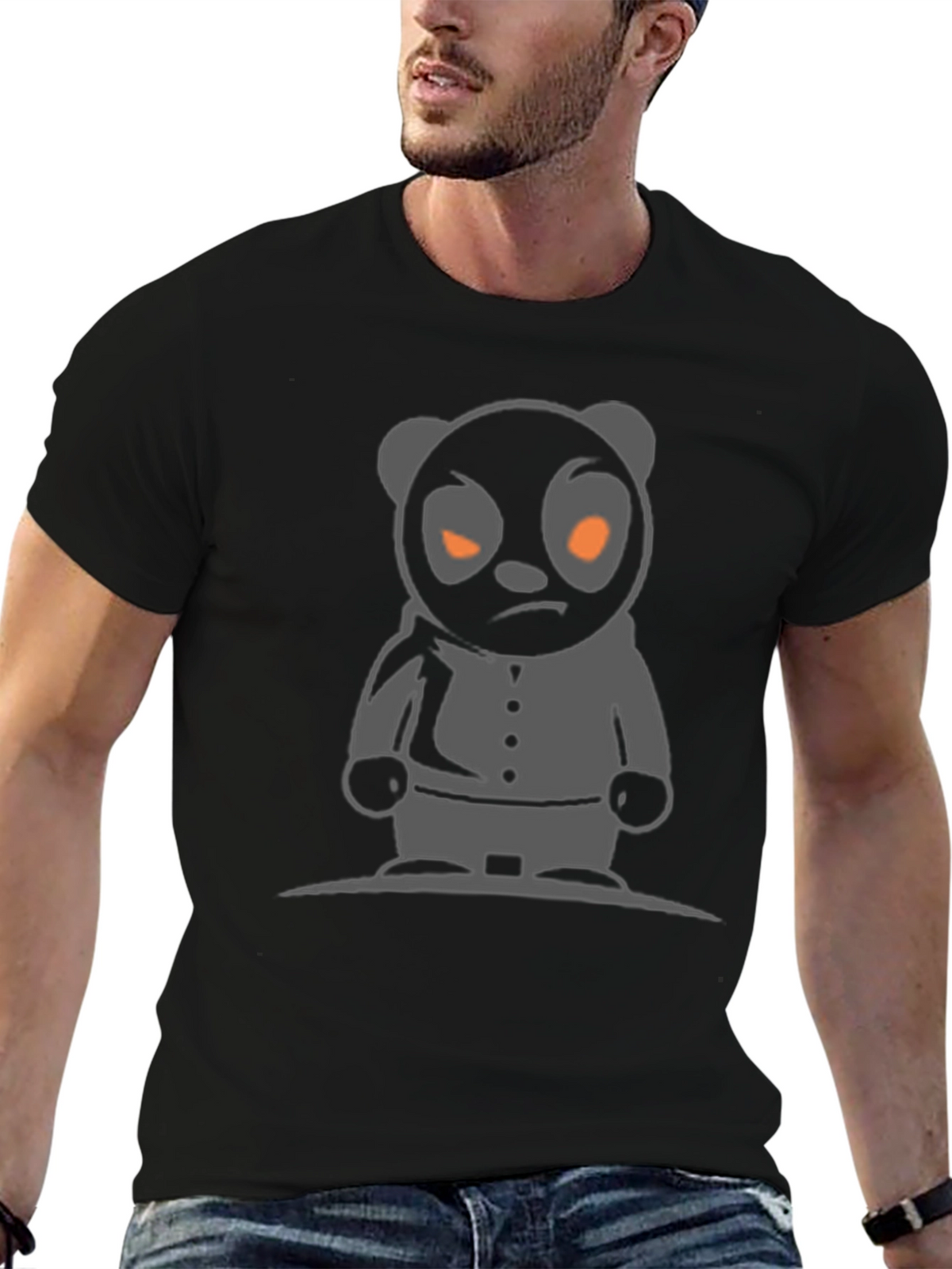 Mens Black T-Shirt with Cartoon Panda Graphic