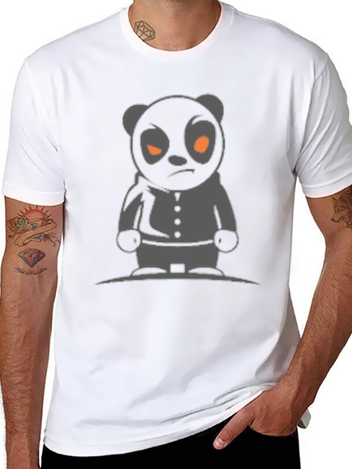 Mens Black T-Shirt with Cartoon Panda Graphic