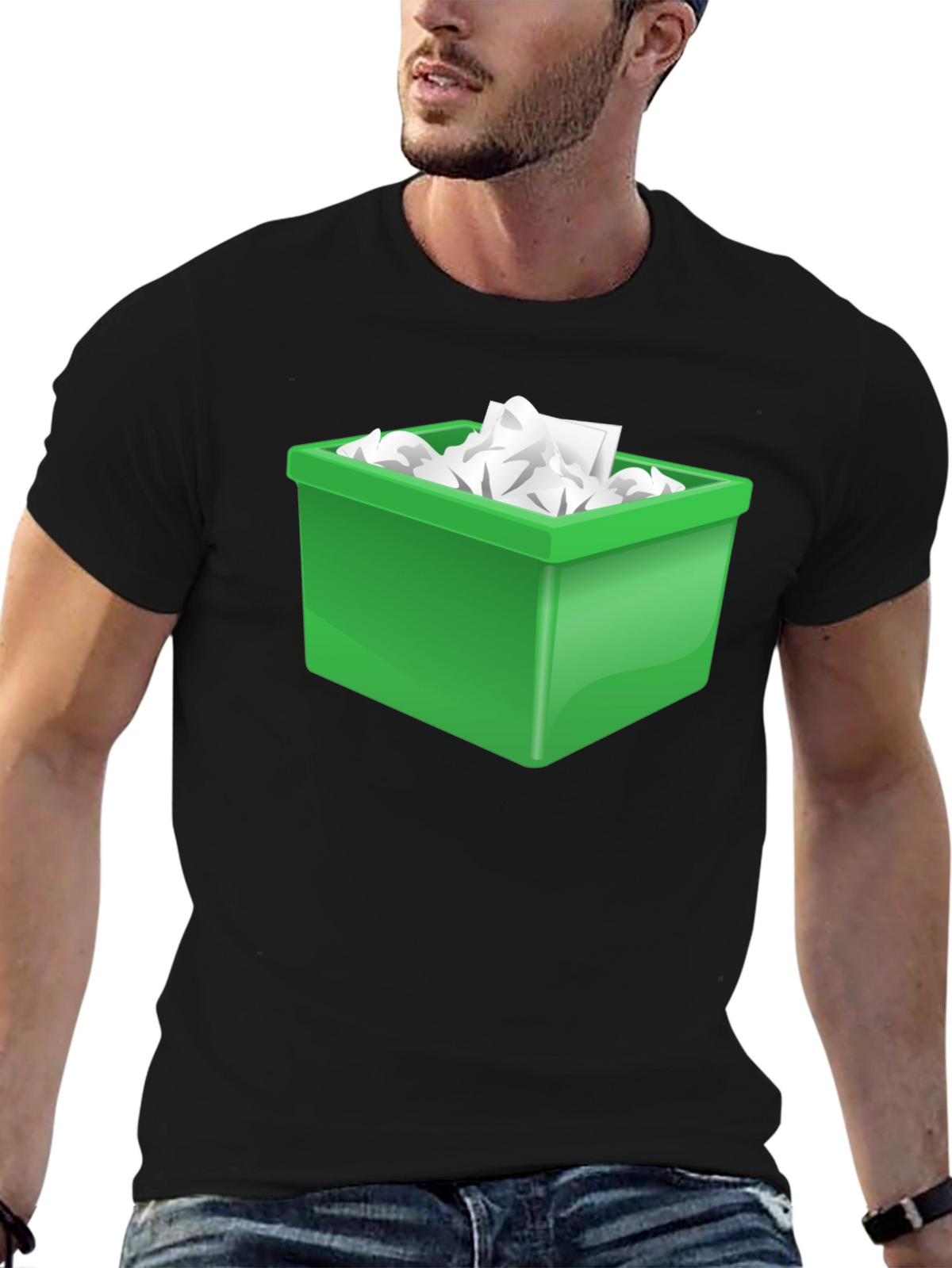 Funny Novelty T-Shirt - Green Trash Bin Overload Design