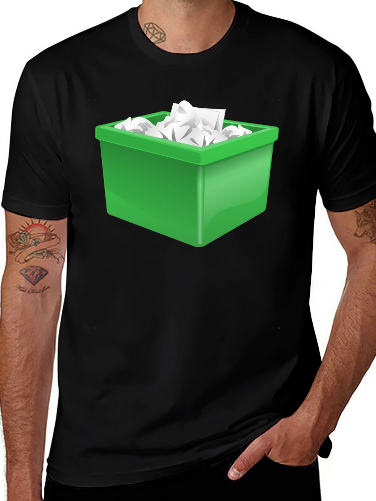 Funny Novelty T-Shirt - Green Trash Bin Overload Design