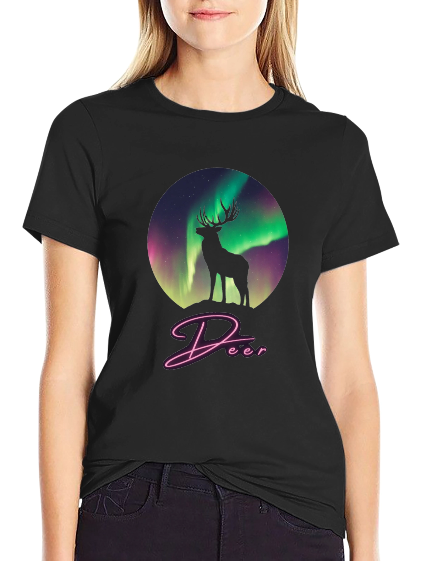 Aurora Deer Graphic Tee - Black