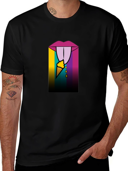 Edgy Ice Cream Lips Graphic Tee - Black Cotton