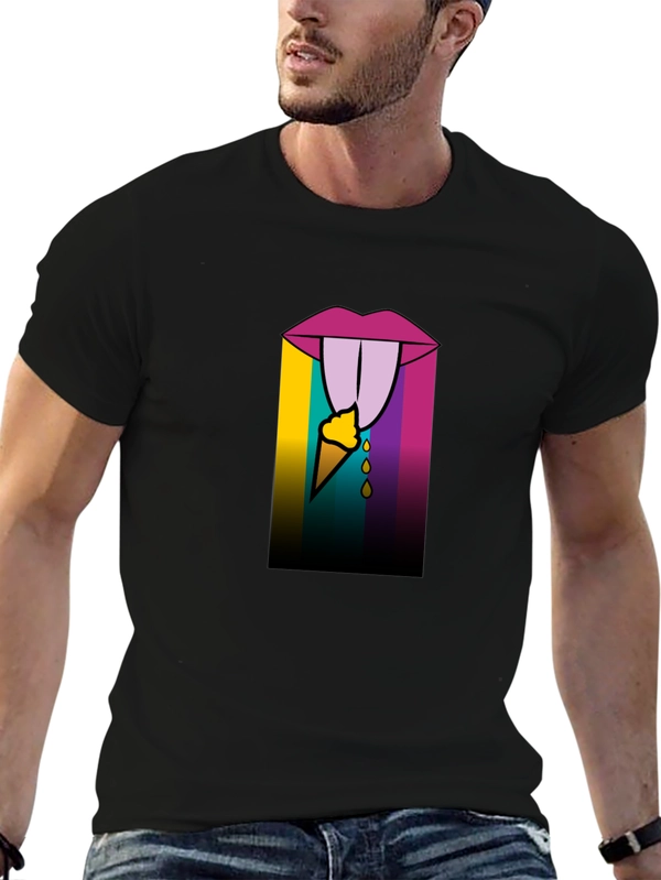 Edgy Ice Cream Lips Graphic Tee - Black Cotton