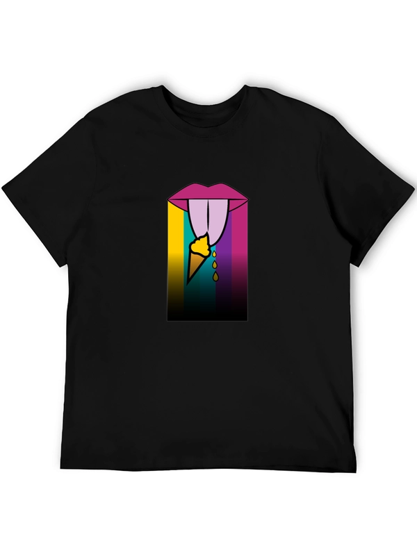 Edgy Ice Cream Lips Graphic Tee - Black Cotton