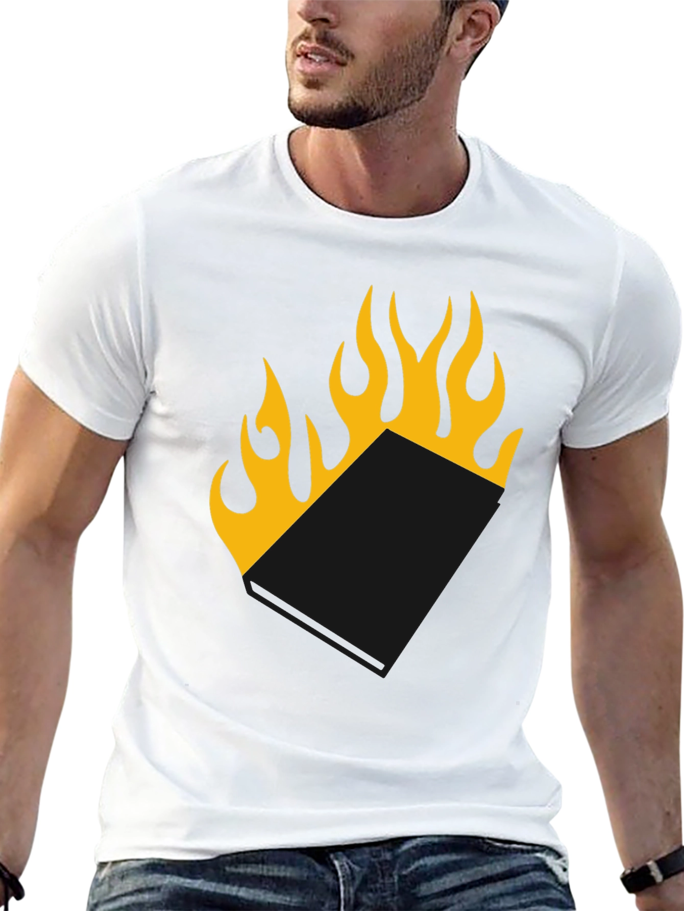 Burning Book T-Shirt - Black Tee with Flame Design