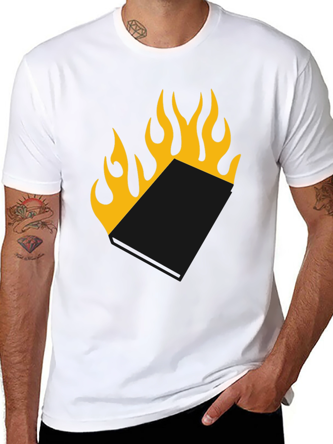 Burning Book T-Shirt - Black Tee with Flame Design