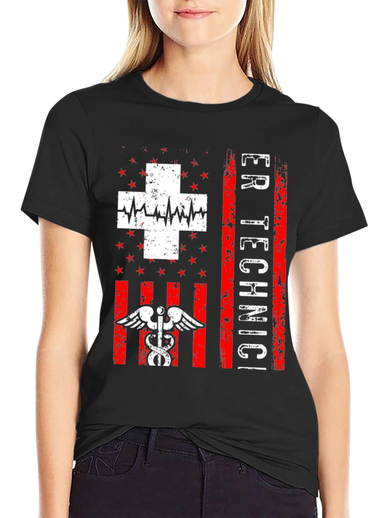 ER Technician T-Shirt - Distressed American Flag Design