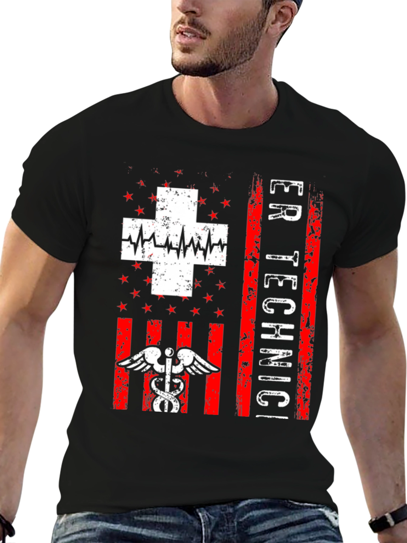 ER Technician T-Shirt - Distressed American Flag Design