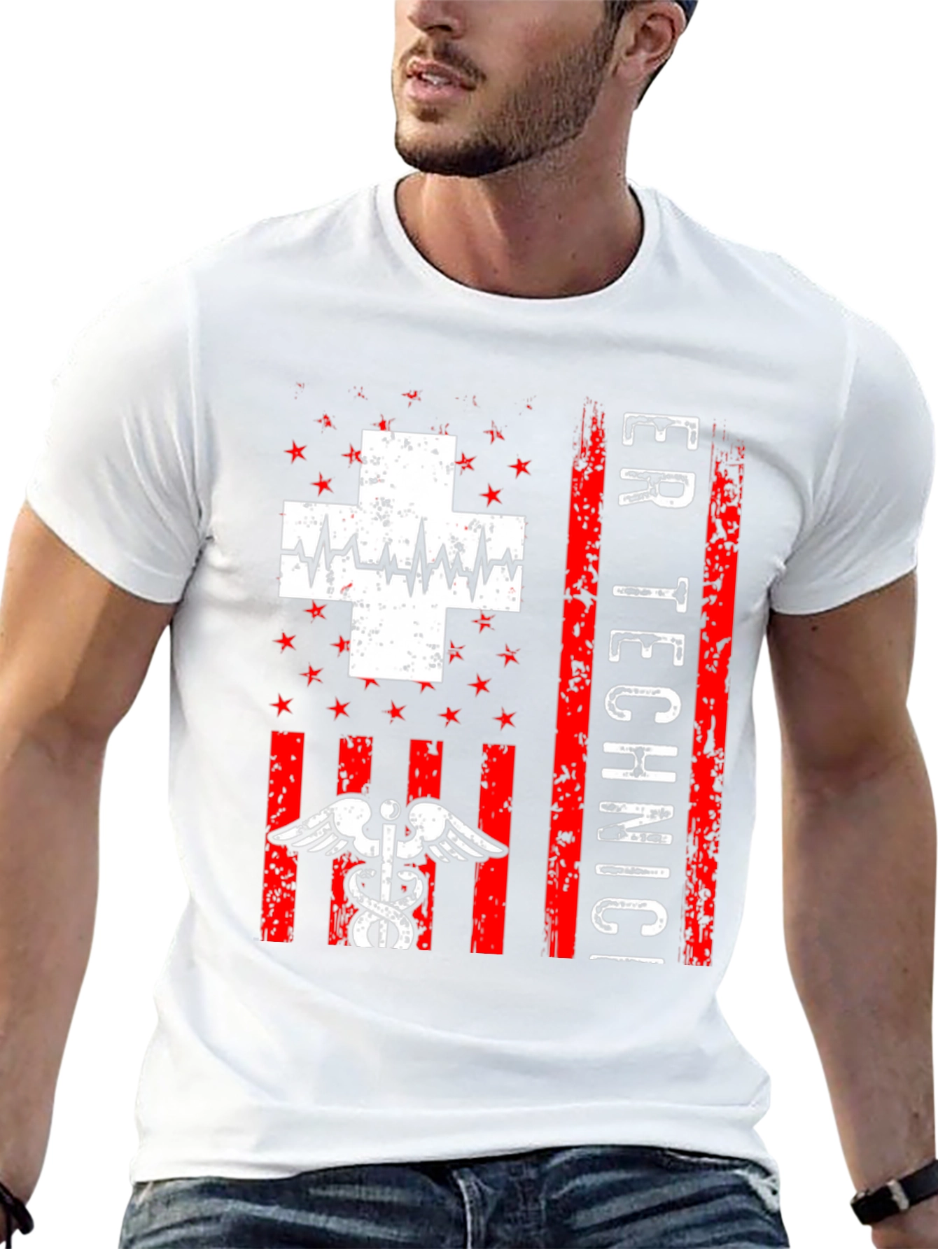 ER Technician T-Shirt - Distressed American Flag Design