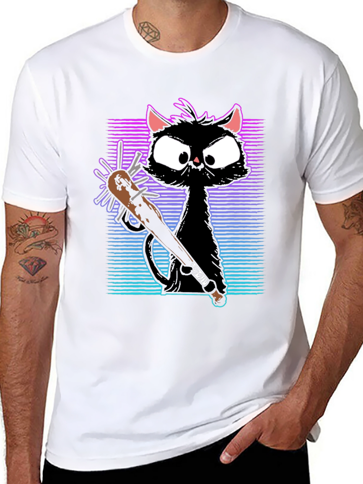 Gangster Cat T-Shirt with Spiked Bat - Black