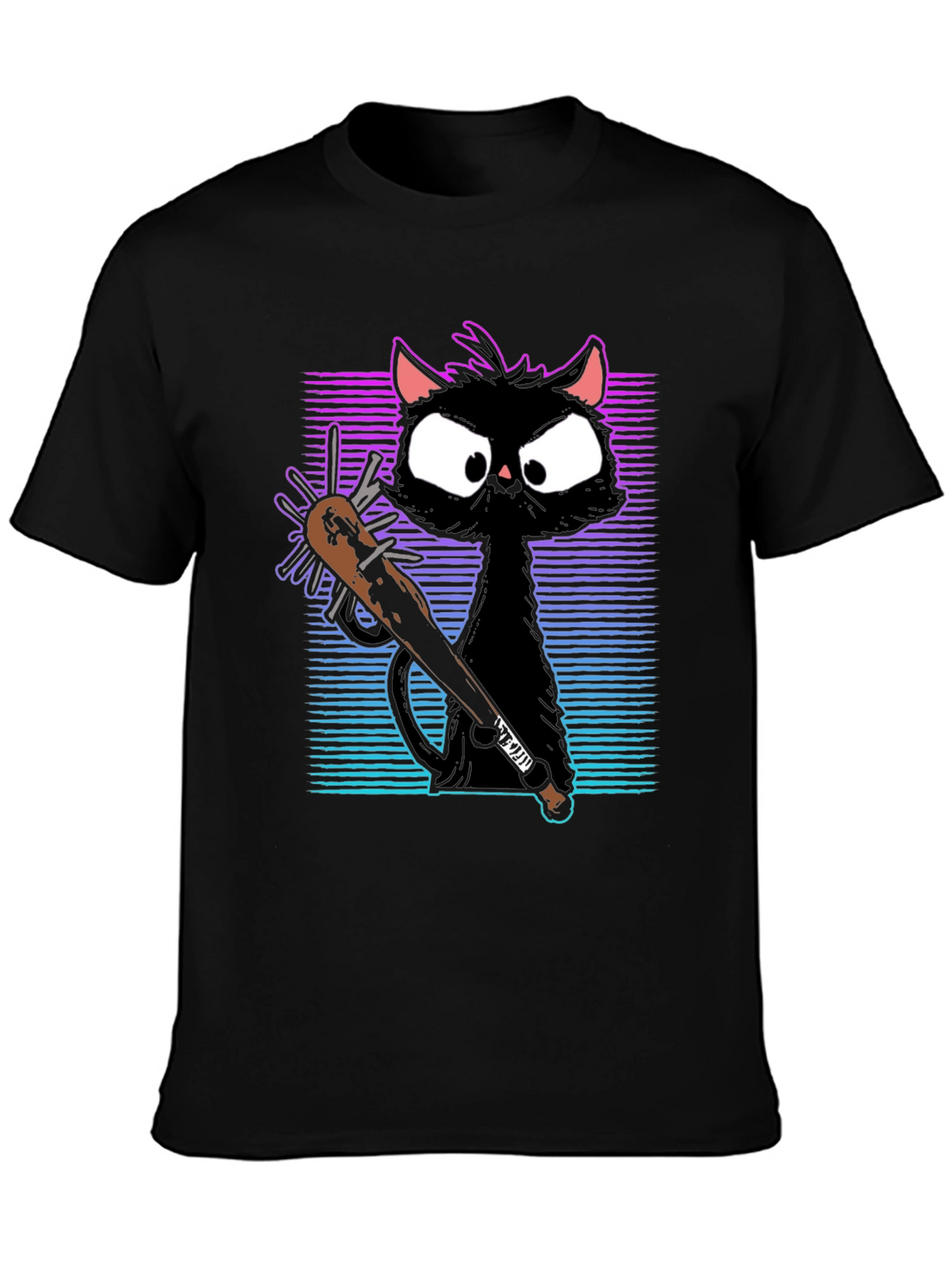 Gangster Cat T-Shirt with Spiked Bat - Black