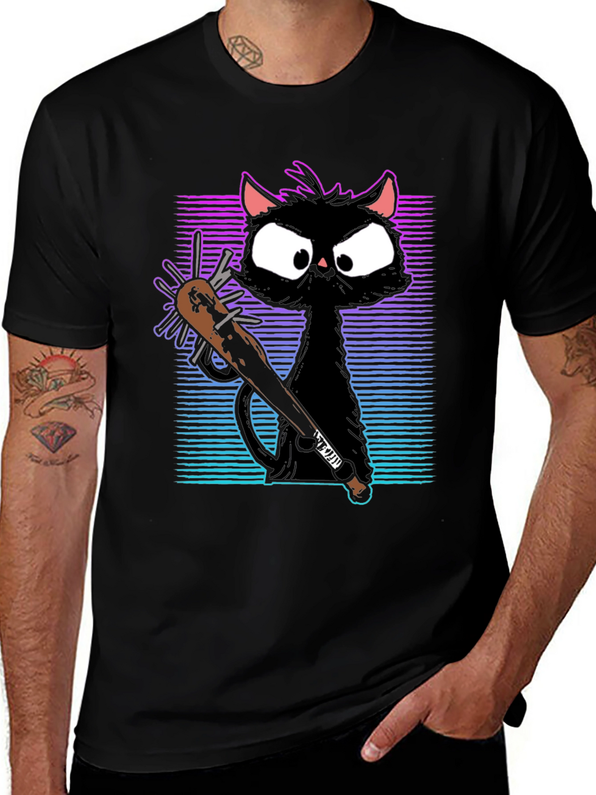 Gangster Cat T-Shirt with Spiked Bat - Black