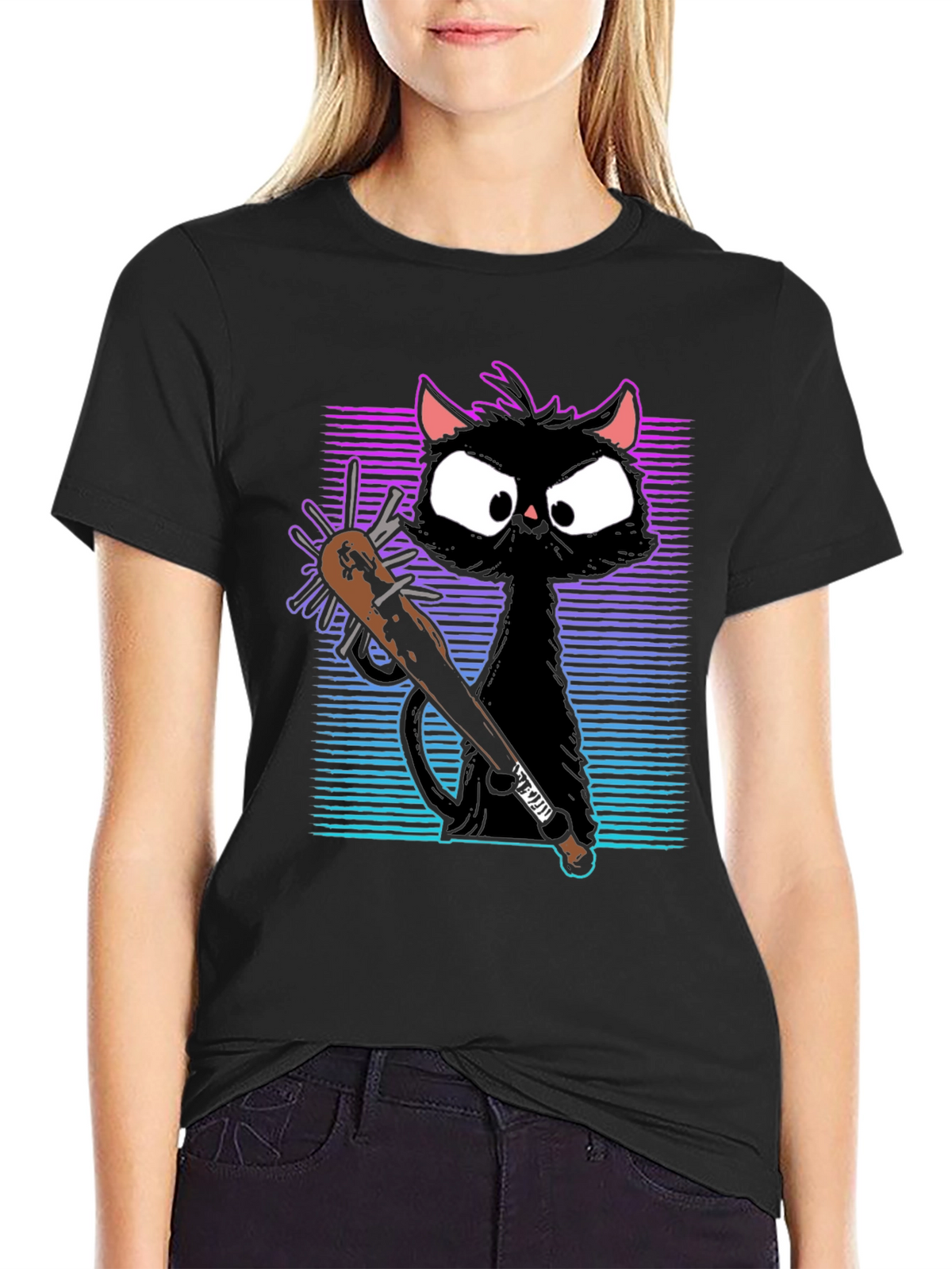Gangster Cat T-Shirt with Spiked Bat - Black