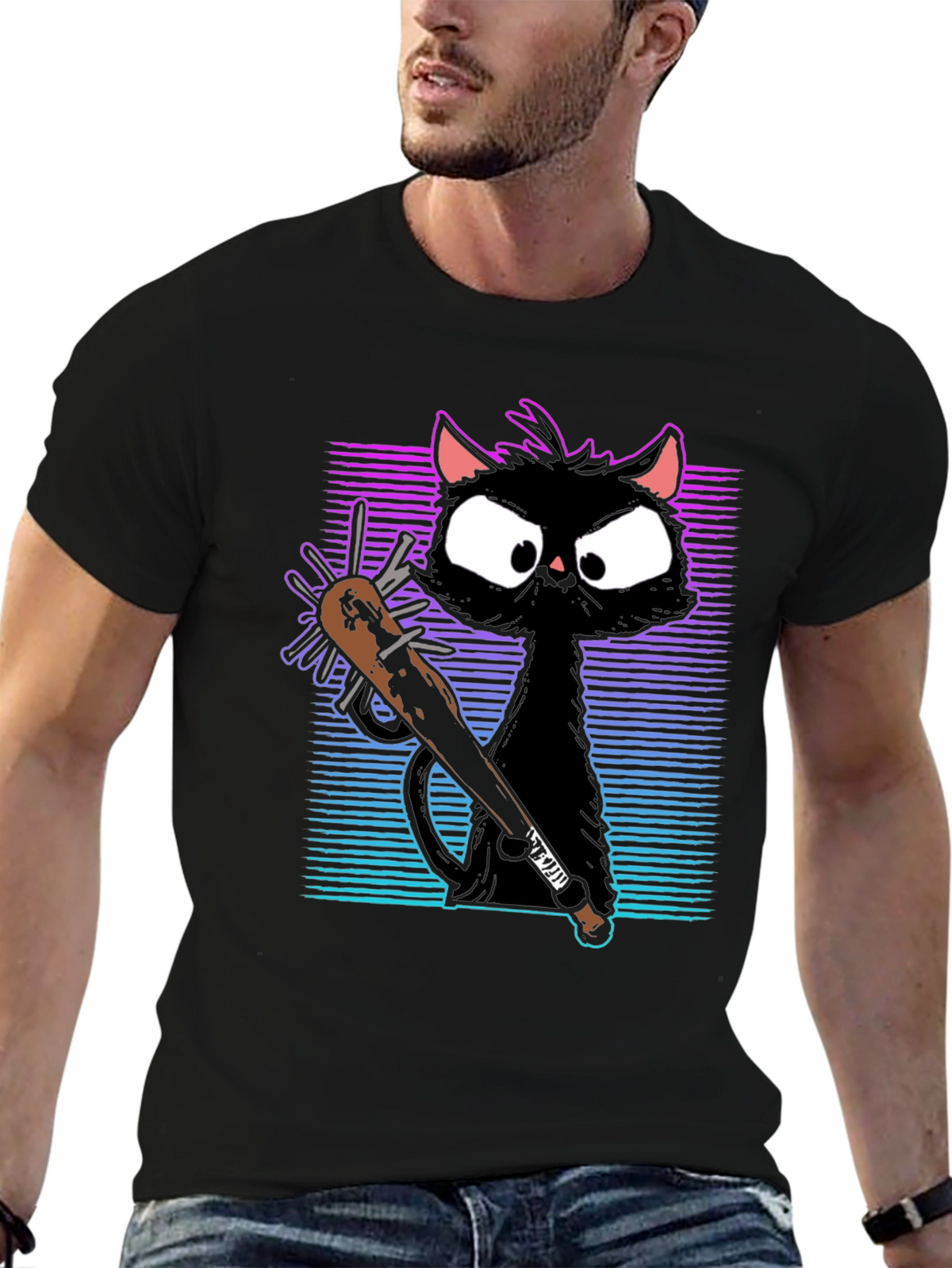 Gangster Cat T-Shirt with Spiked Bat - Black