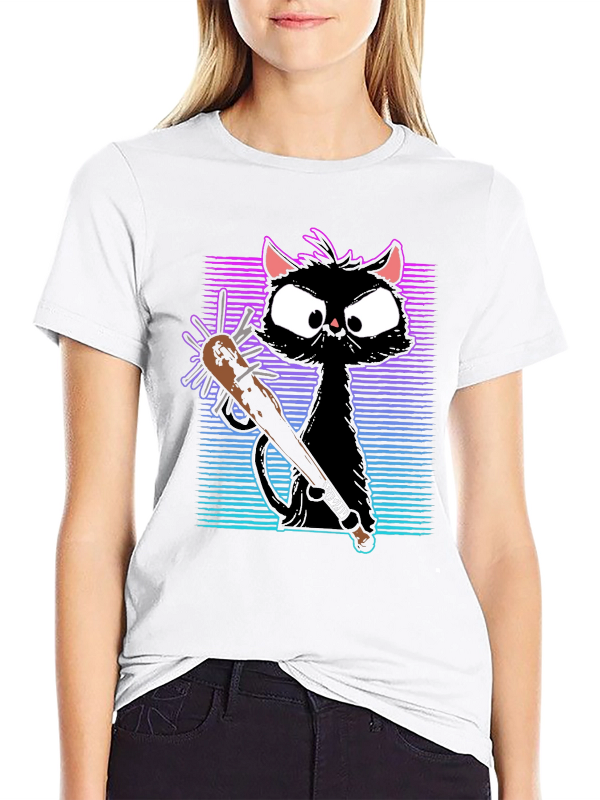 Gangster Cat T-Shirt with Spiked Bat - Black
