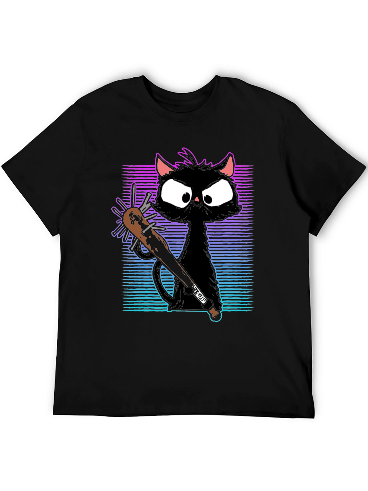 Gangster Cat T-Shirt with Spiked Bat - Black