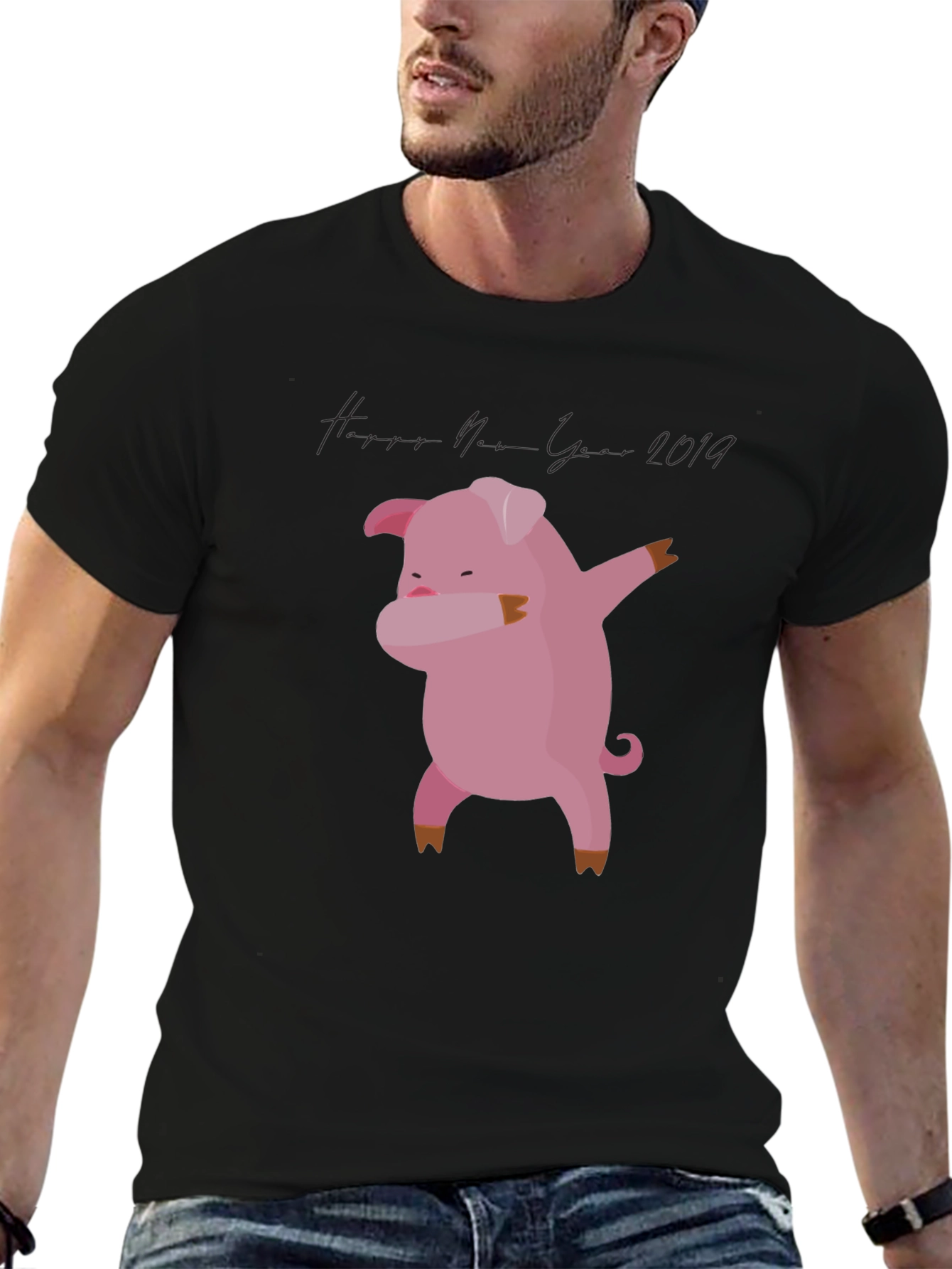 Dabbing Pig New Year 2019 Black T-Shirt