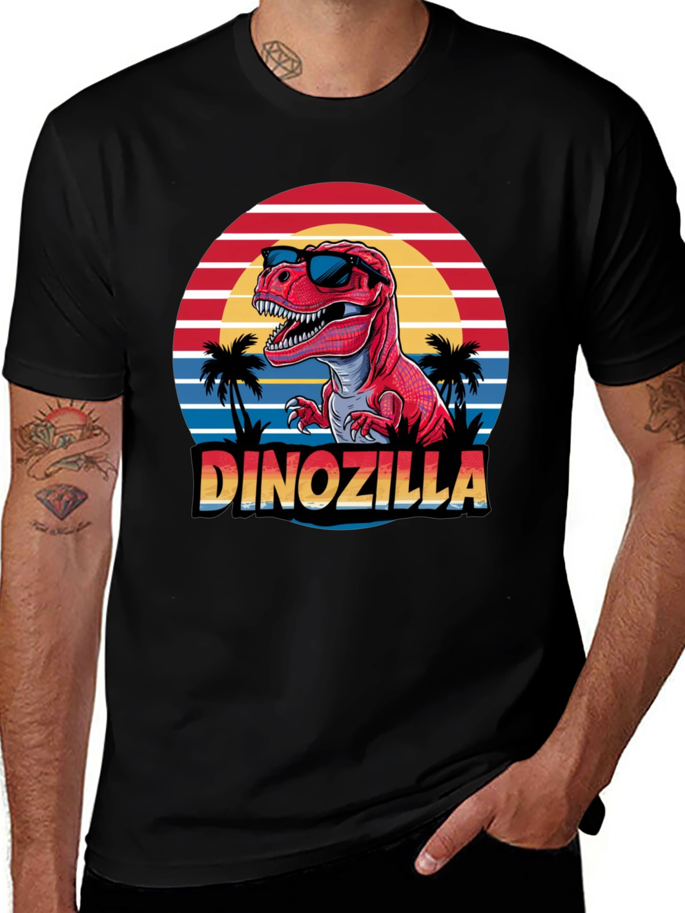 Dinozilla T-Shirt - Red Dinosaur Sunset Design