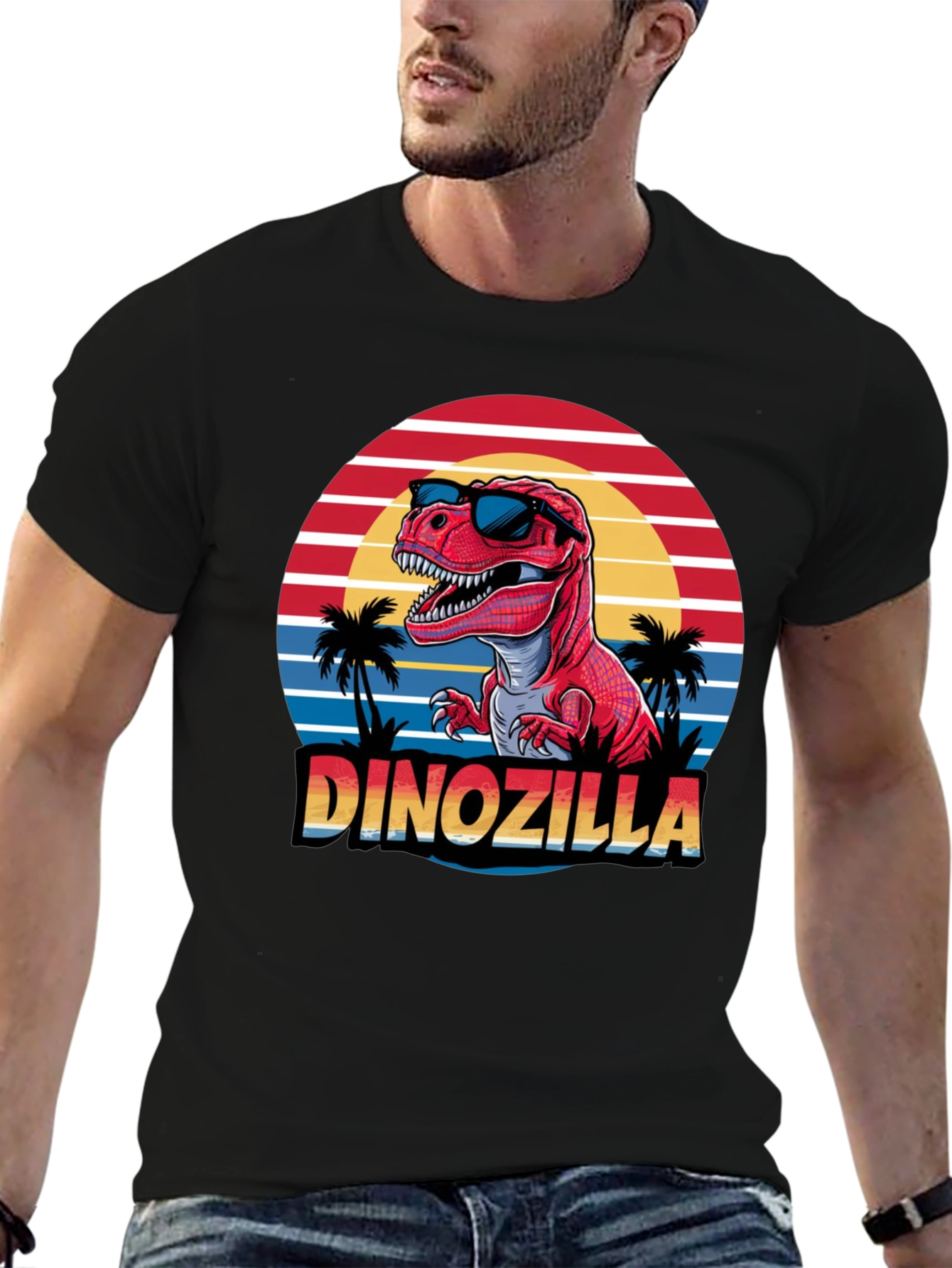 Dinozilla T-Shirt - Red Dinosaur Sunset Design