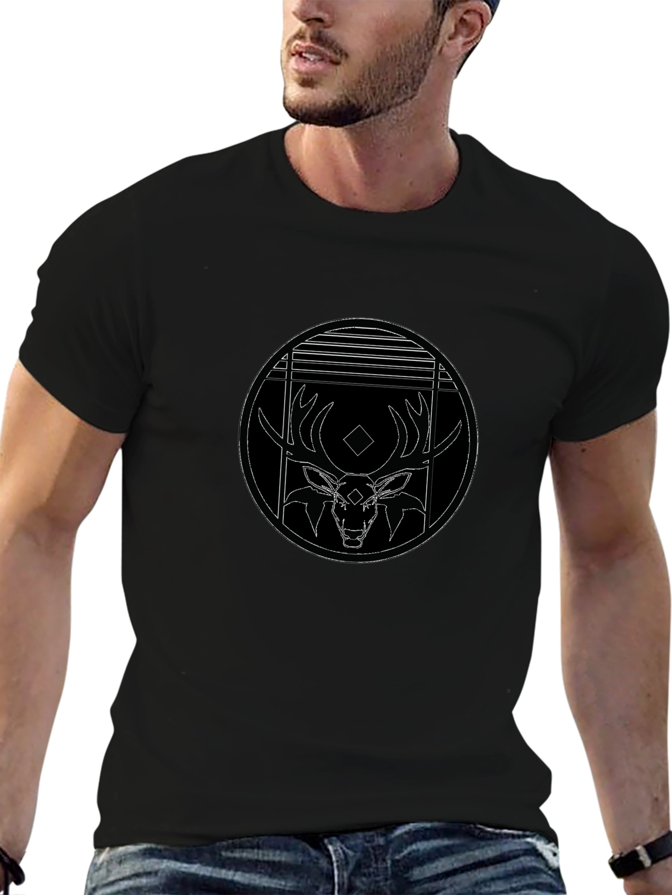 Black T-Shirt with Deer Graphic Print