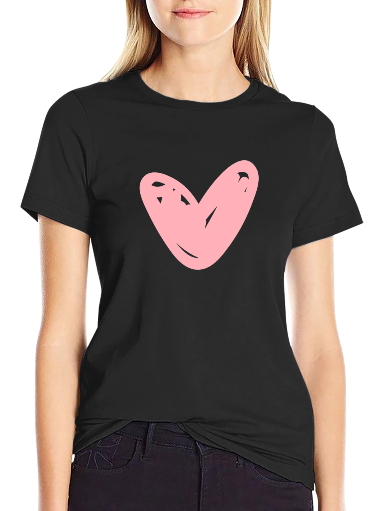 Black T-shirt with Pink Heart Graphic