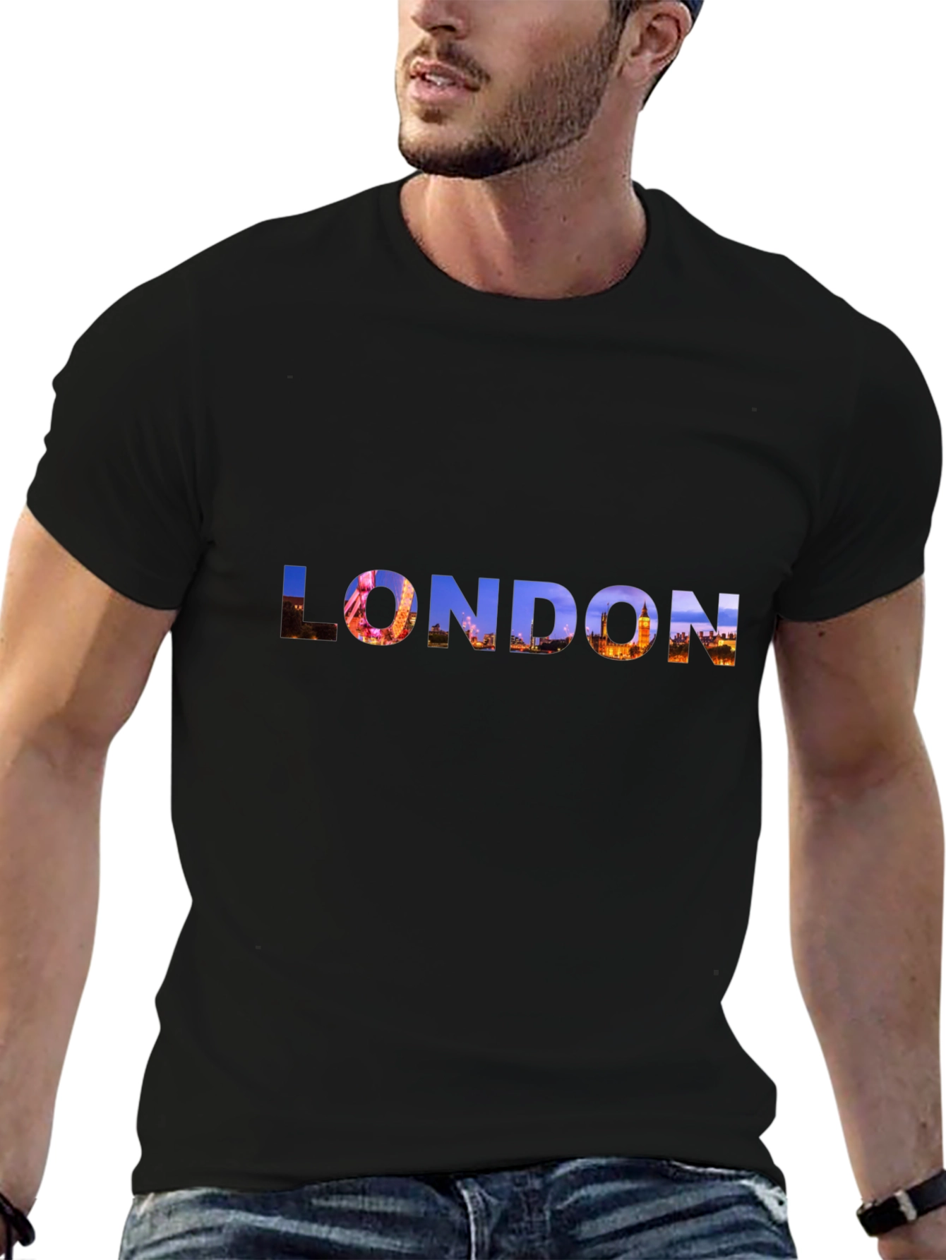 London Skyline Graphic Tee - Black Cotton T-Shirt