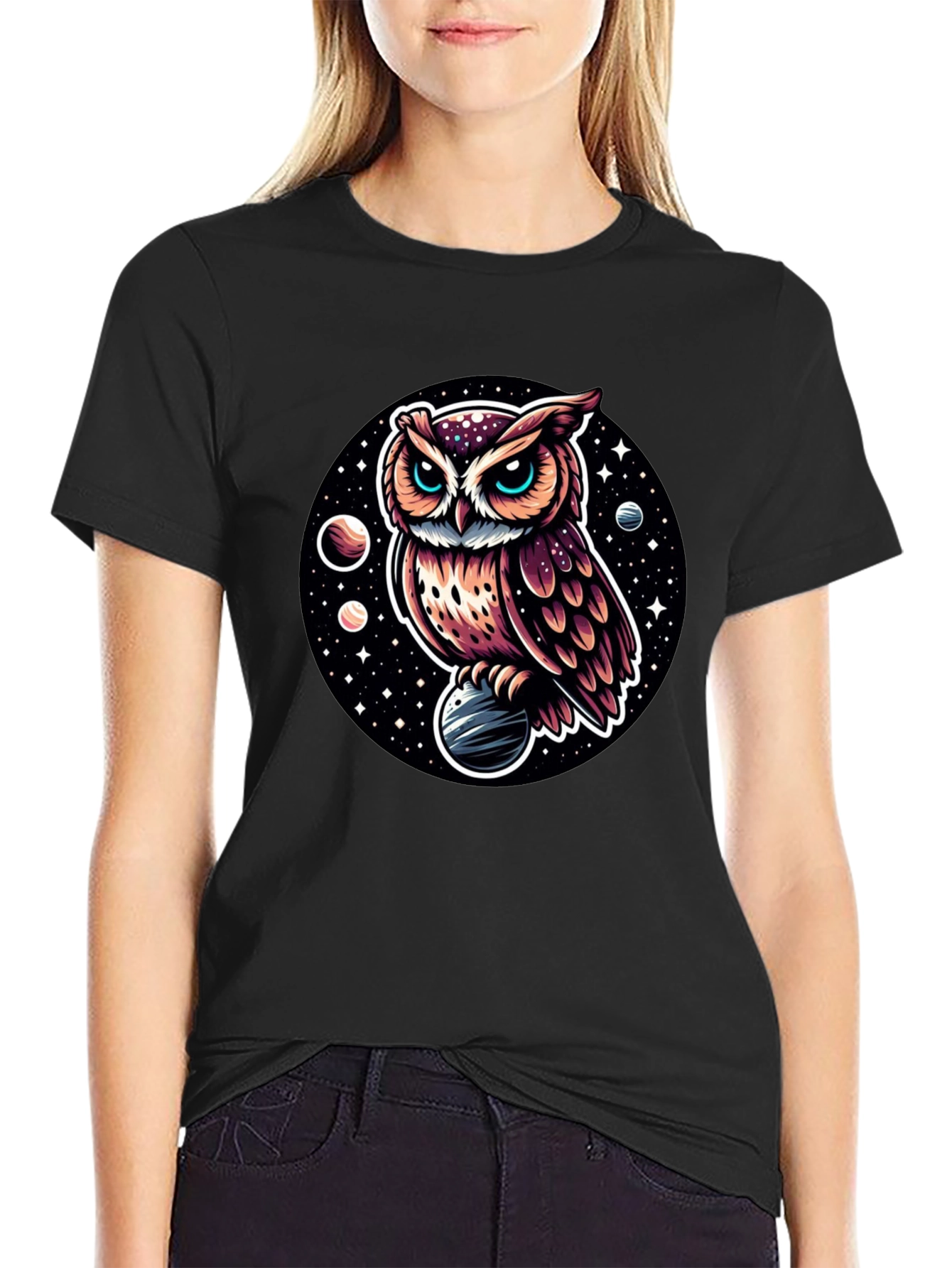 Cosmic Owl Graphic Tee - Black Cotton Blend