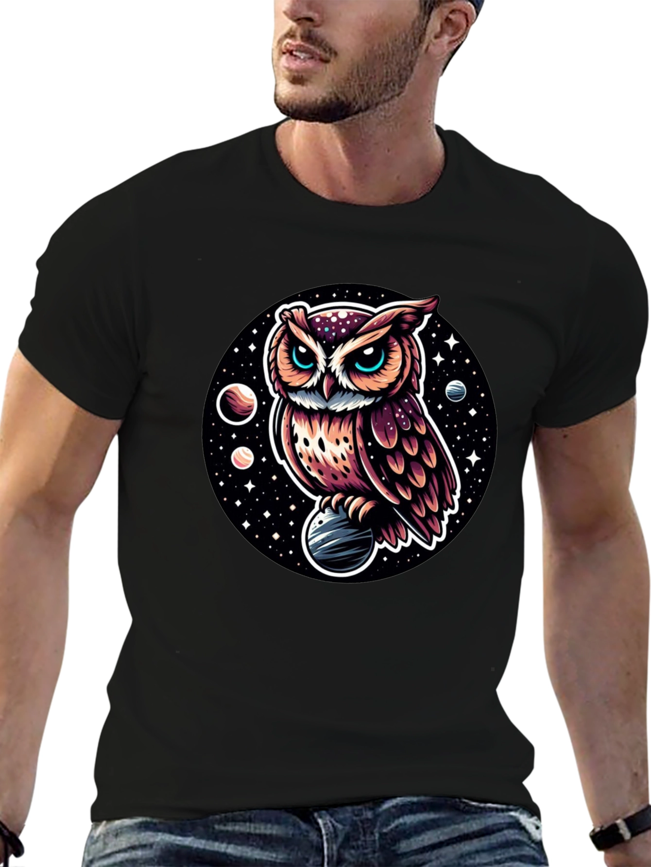 Cosmic Owl Graphic Tee - Black Cotton Blend