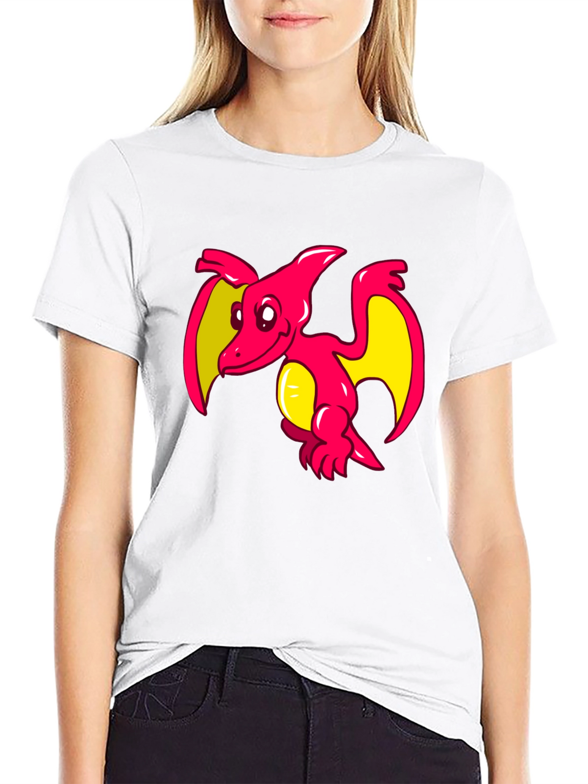 Cartoon Pterodactyl Graphic Tee - Black