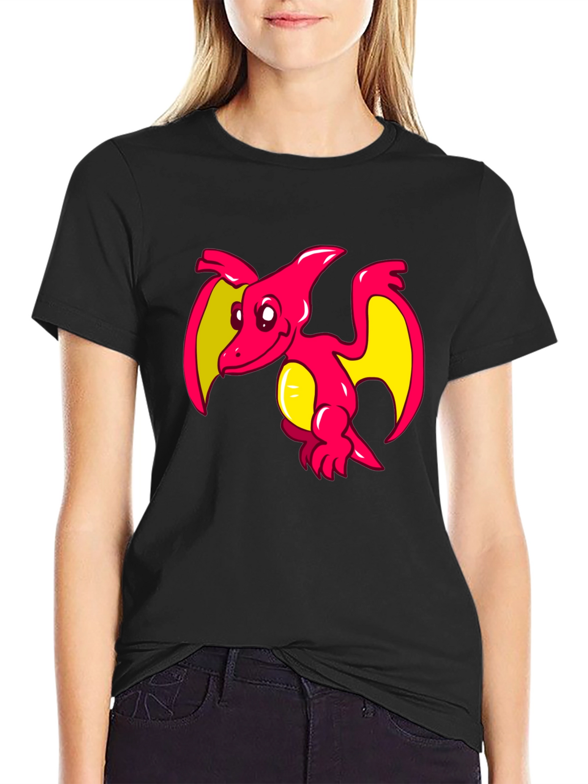 Cartoon Pterodactyl Graphic Tee - Black