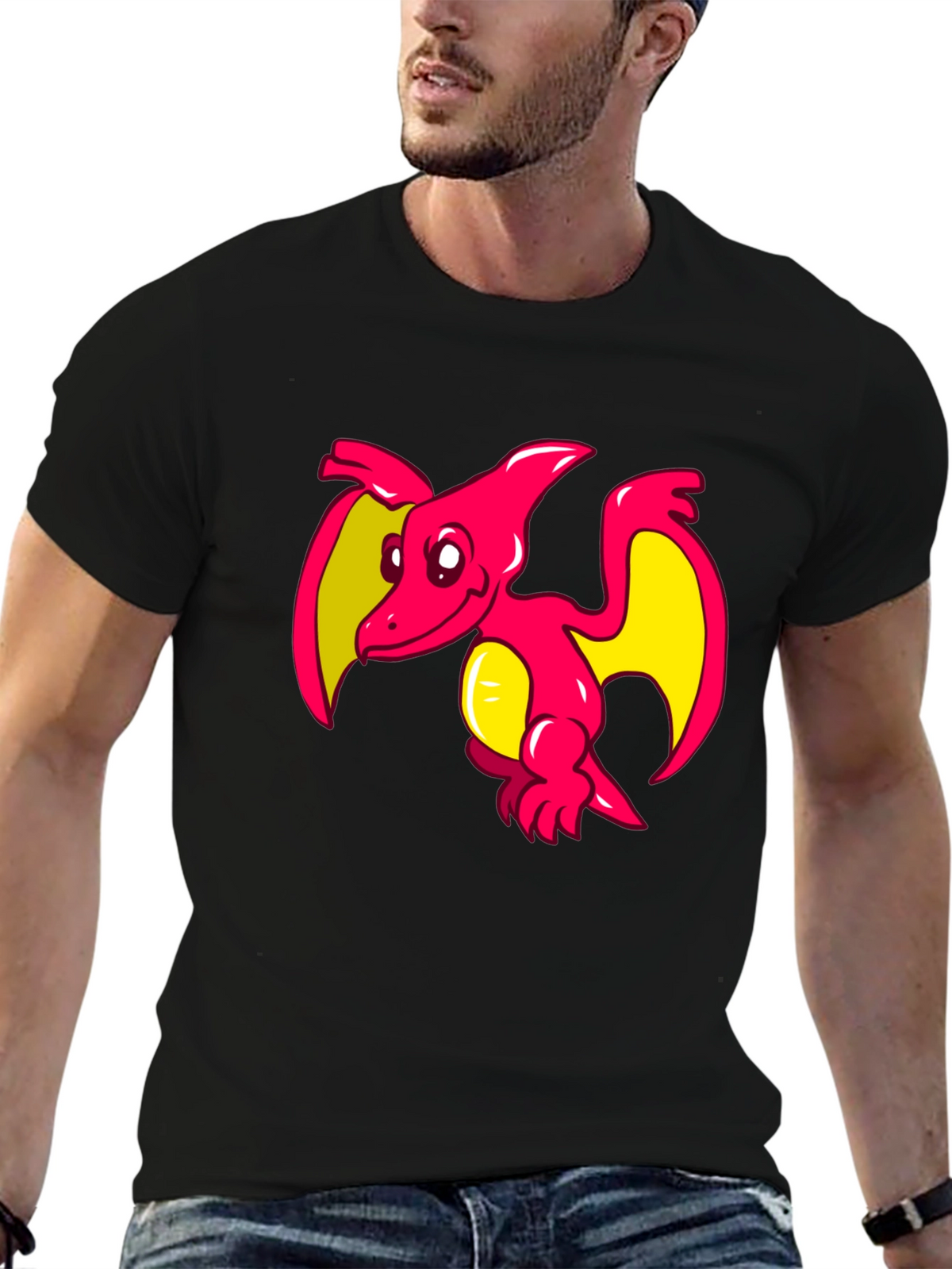 Cartoon Pterodactyl Graphic Tee - Black