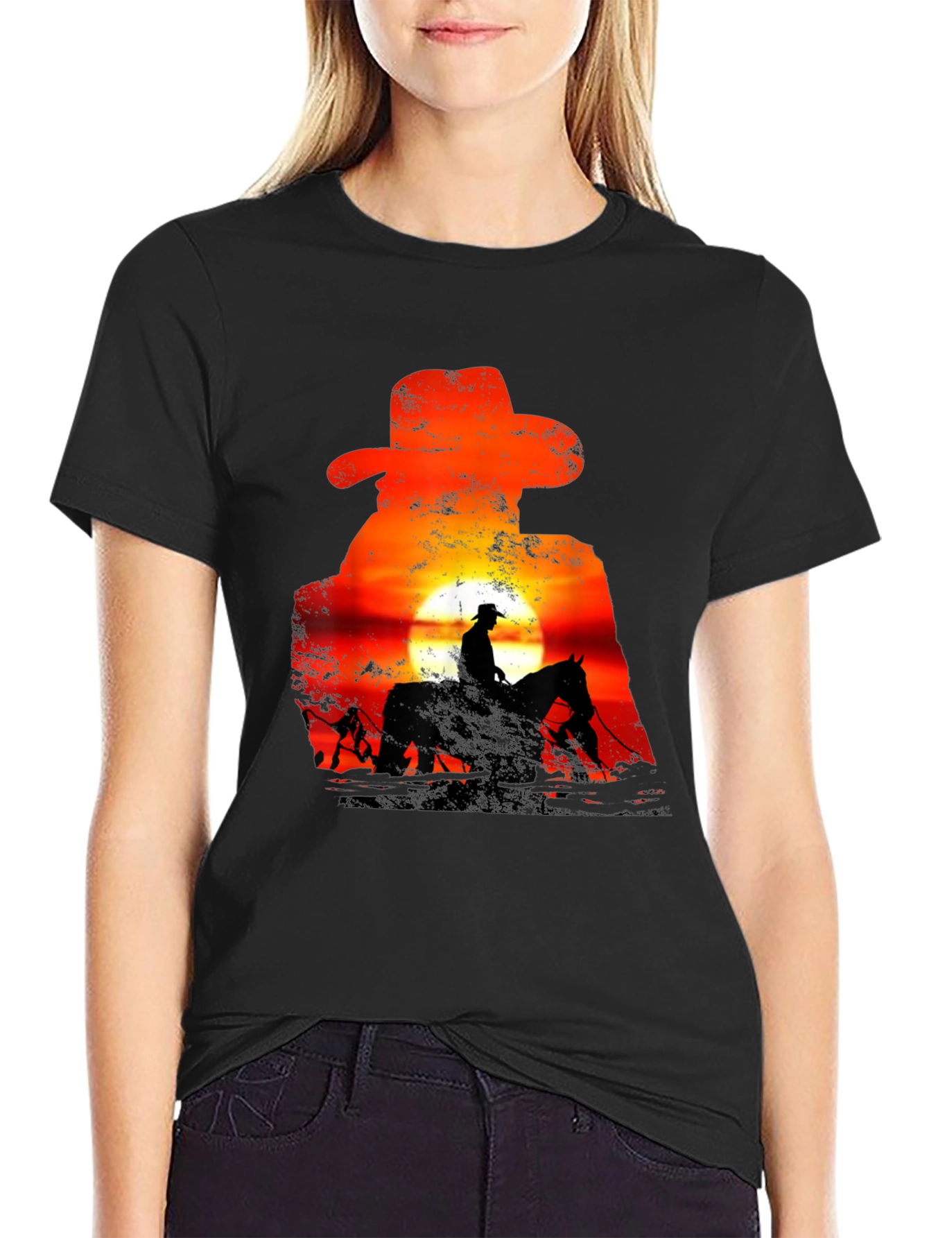Cowboy Sunset Silhouette Graphic T-Shirt