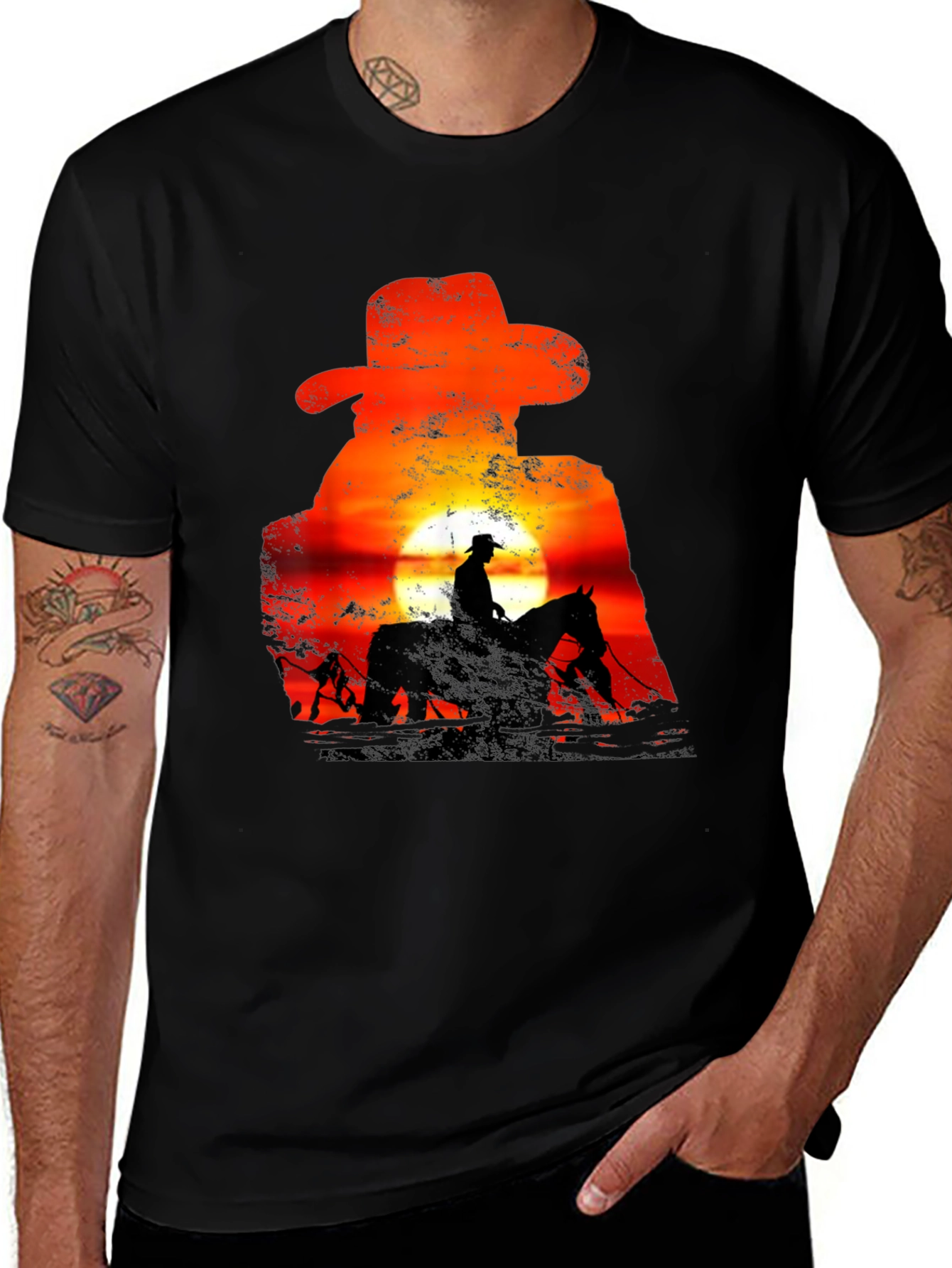 Cowboy Sunset Silhouette Graphic T-Shirt