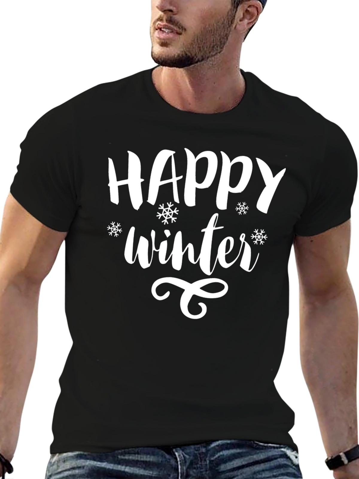 Happy Winter Graphic Print Black T-Shirt